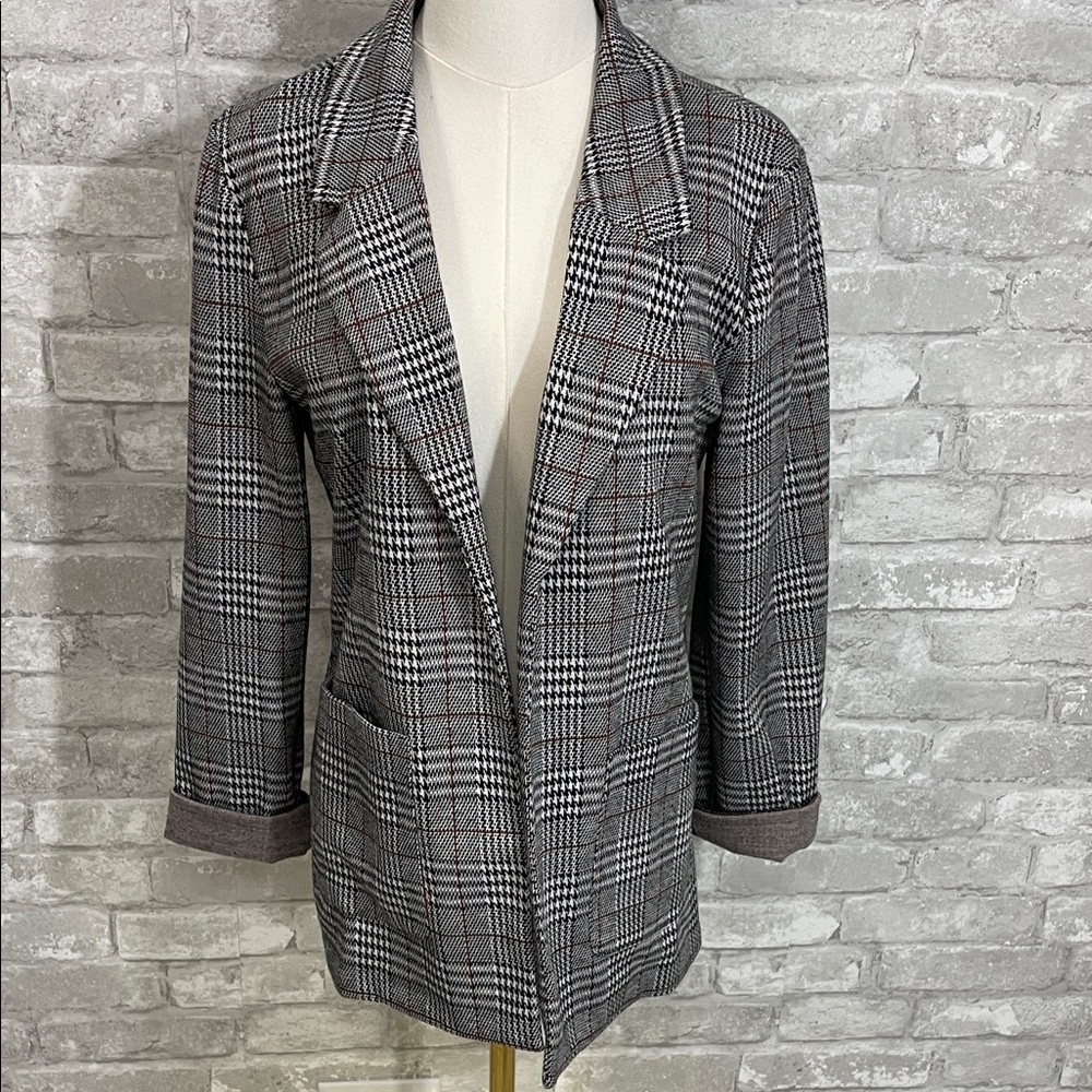 Maurices plaid open front stretch knit blazer jacket